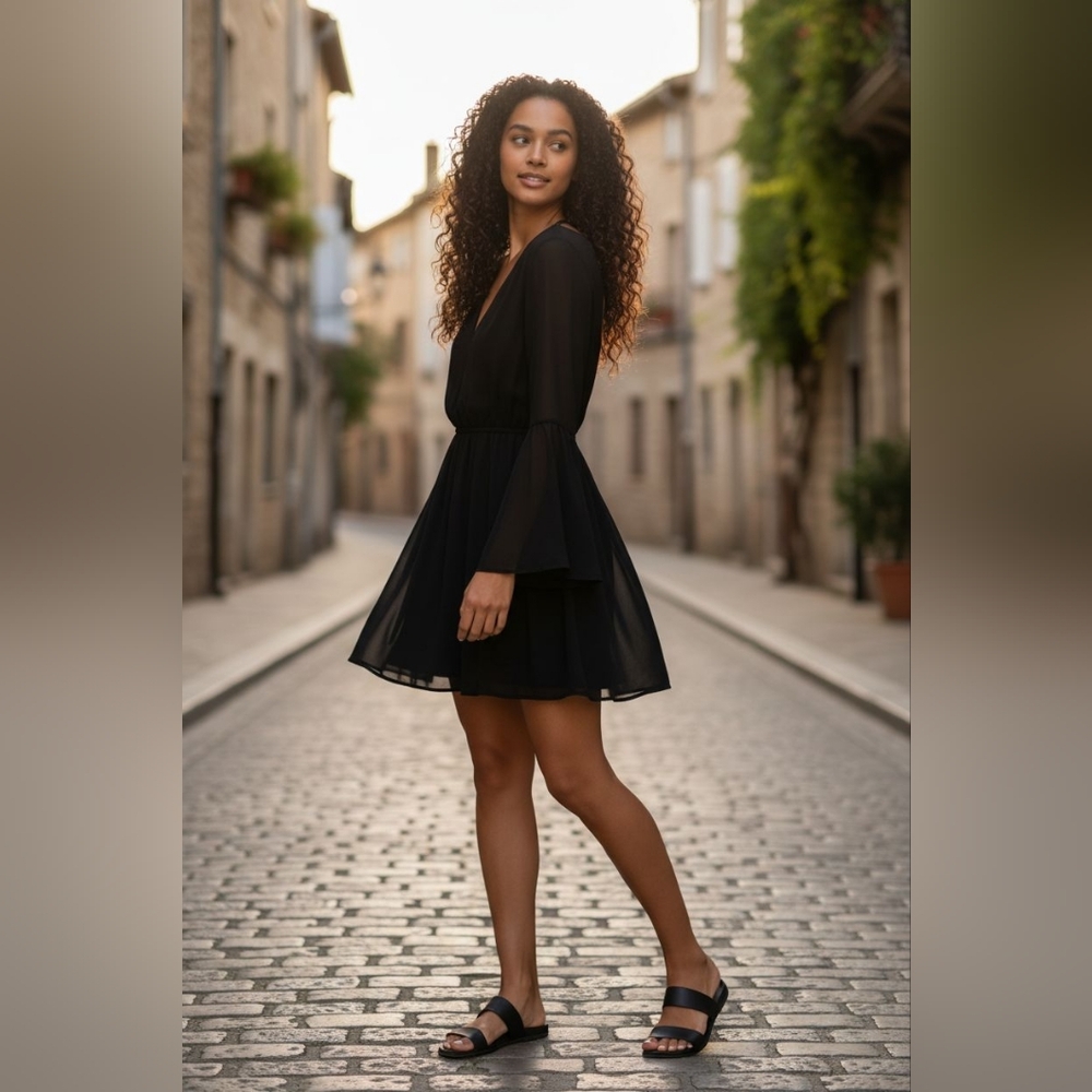 Vintage‎ Audrey Women's Black Sheer Bell Sleeve V-neck Lined Dress Size SM